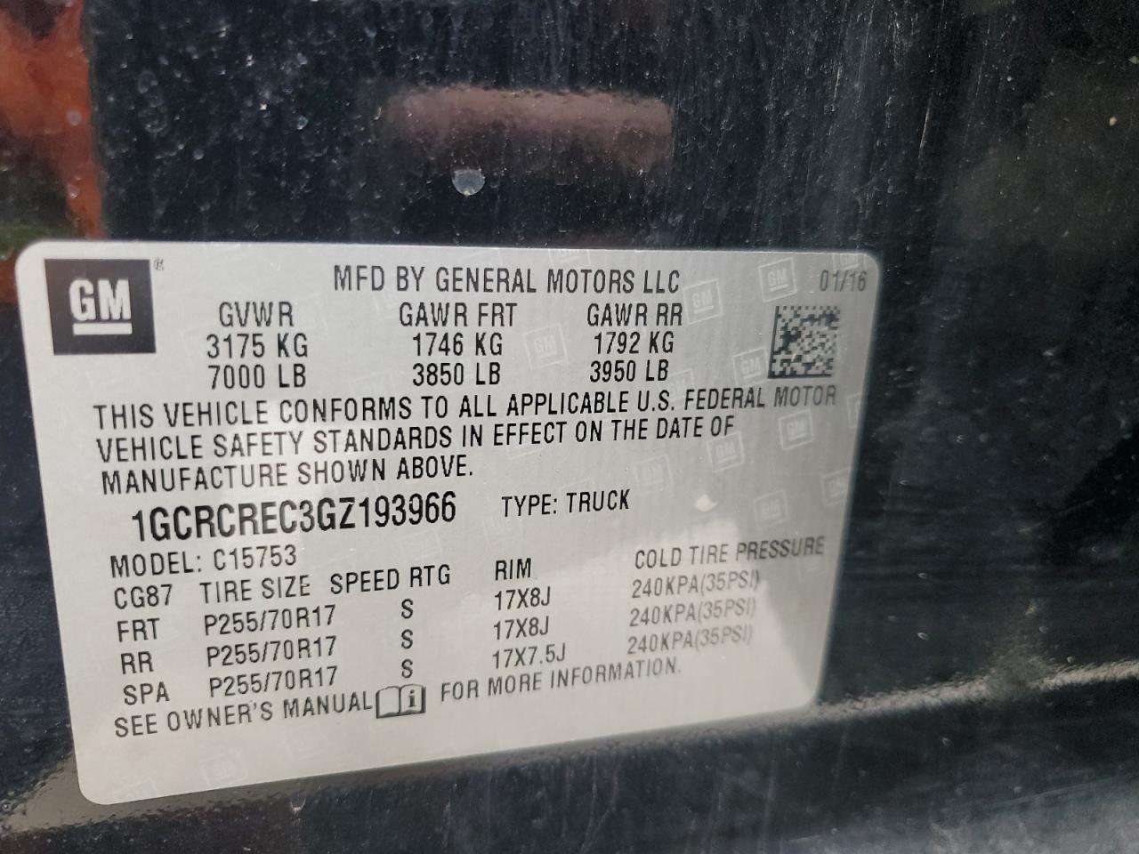 2016 Chevrolet Silverado VIN 1GCRCREC3GZ193966 Copart auction photo, rear end / front end damage thumbnail 12