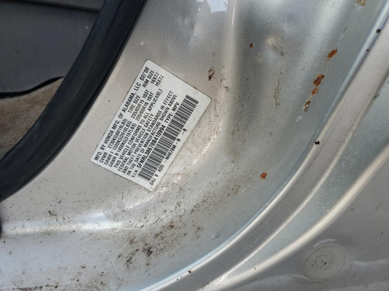 2008 Honda Odyssey VIN 5FNRL38678B410994 Copart auction photo, front end damage thumbnail 13