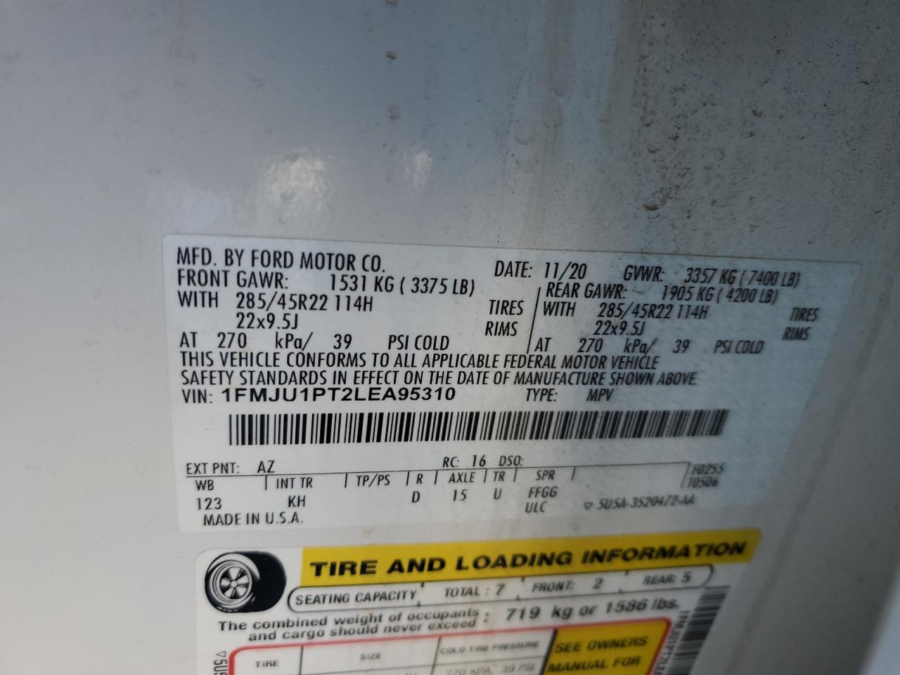 2020 Ford Expedition VIN 1FMJU1PT2LEA95310 Copart auction photo, front end damage thumbnail 13