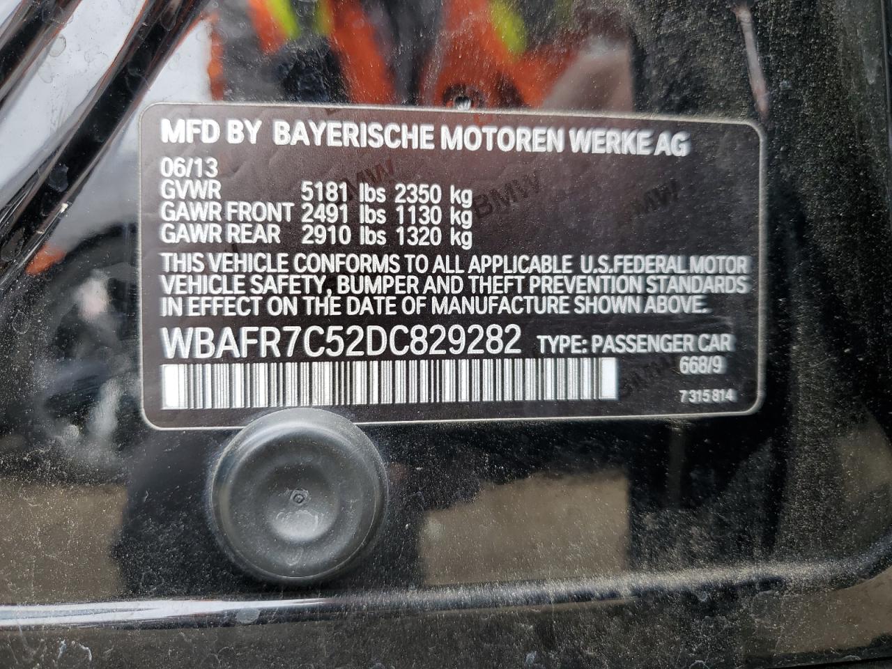 2013 BMW 5er VIN WBAFR7C52DC829282 Copart auction photo, front end damage thumbnail 13