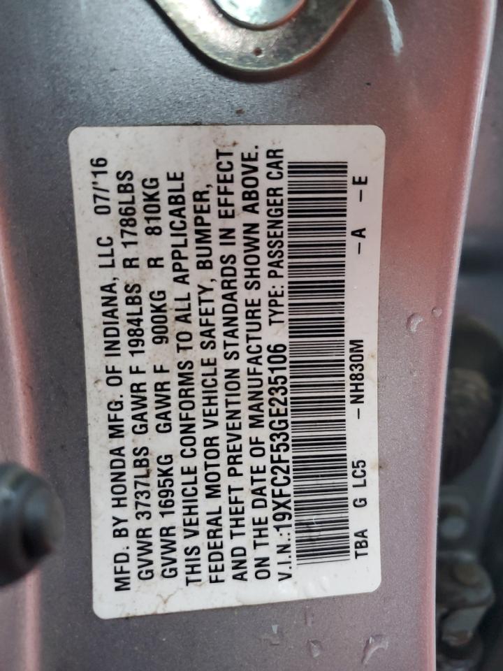 2016 Honda Civic VIN 19XFC2F53GE235106 Copart auction photo, rear end damage thumbnail 12