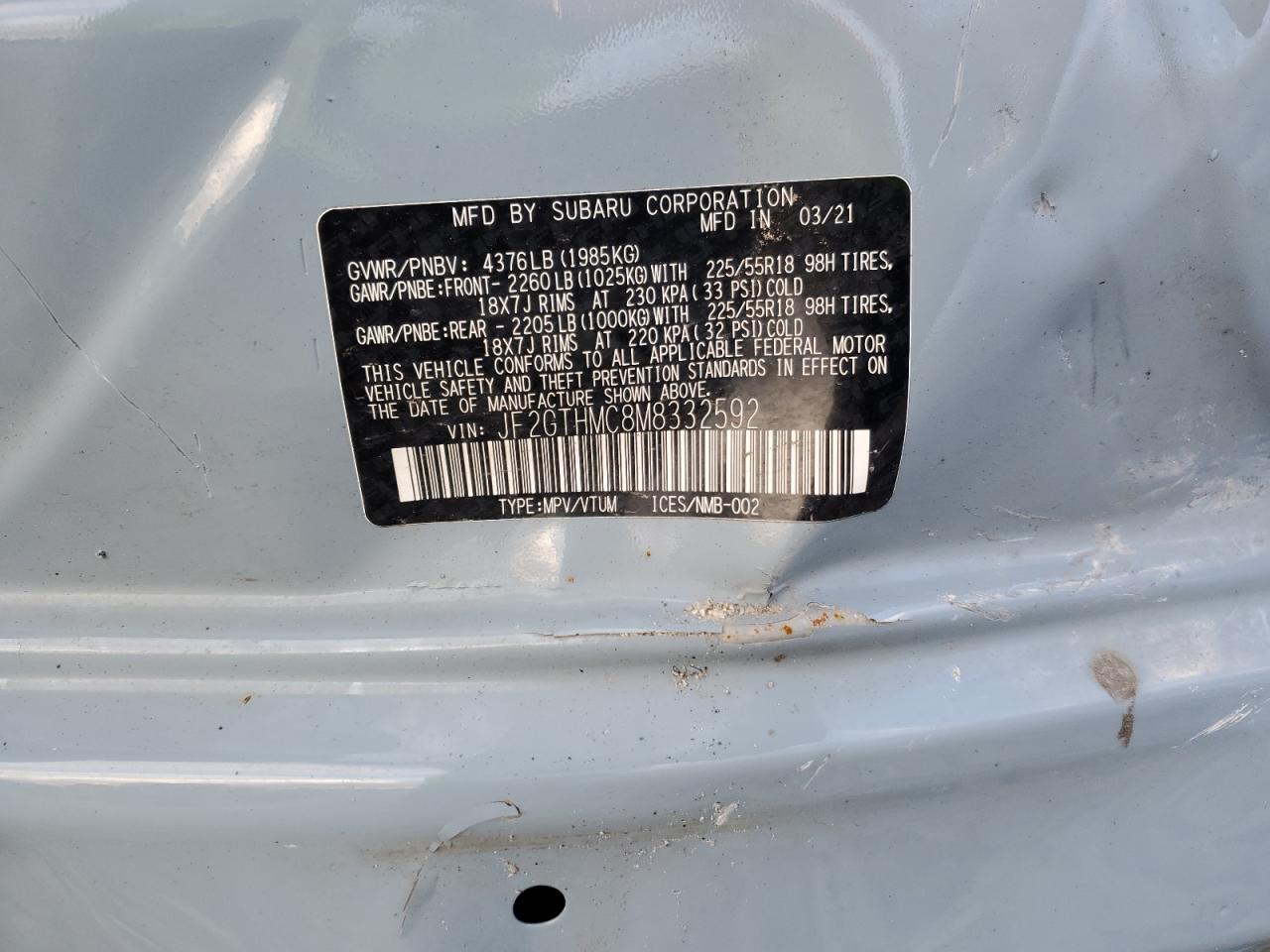 2021 Subaru XV VIN JF2GTHMC8M8332592 Copart auction photo, front end / side damage thumbnail 13