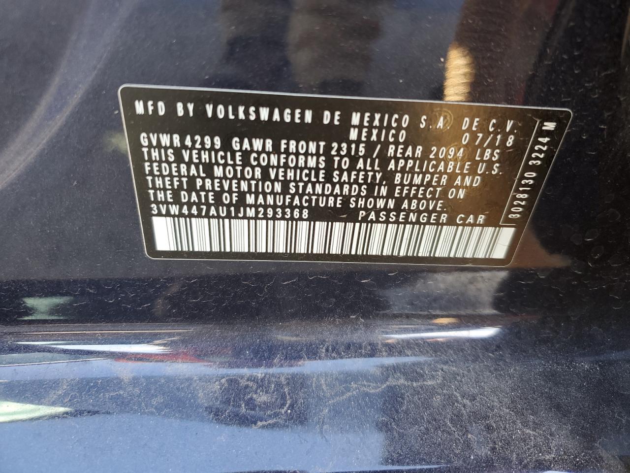 2018 Volkswagen GTI VIN 3VW447AU1JM293368 Copart auction photo, rear end damage thumbnail 12