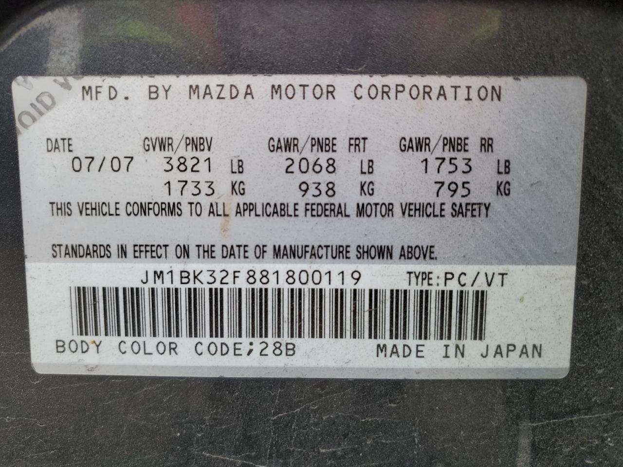 2008 Mazda 3 VIN JM1BK32F881800119 Copart auction photo, front end damage thumbnail 12