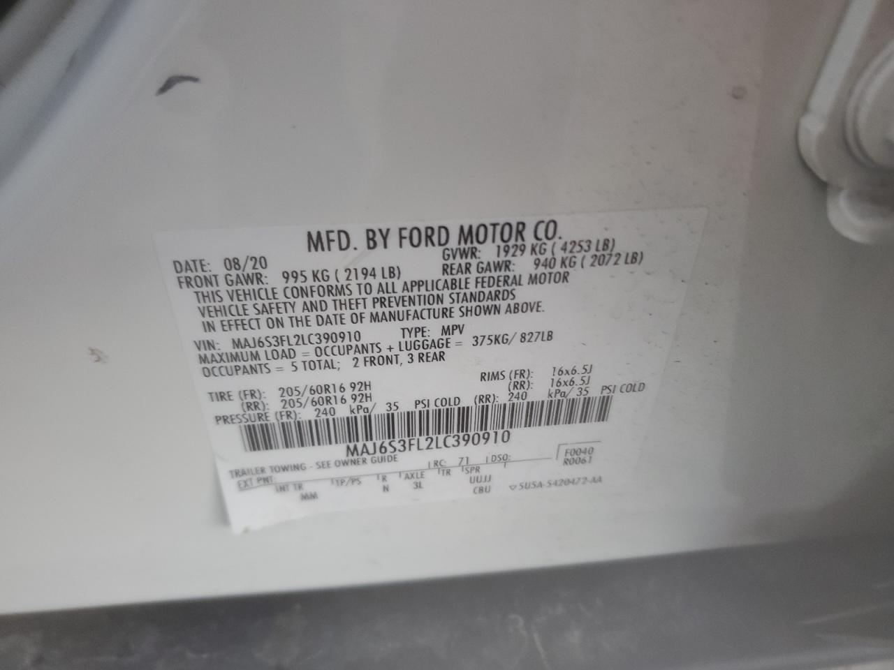 2020 Ford EcoSport VIN MAJ6S3FL2LC390910 Copart auction photo, front end damage thumbnail 13