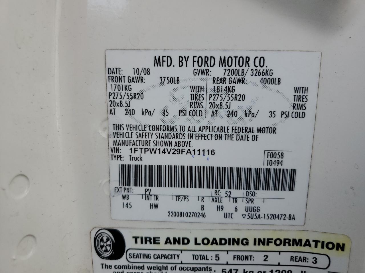 2009 Ford F-150 VIN 1FTPW14V29FA11116 Copart auction photo, front end / side damage thumbnail 12
