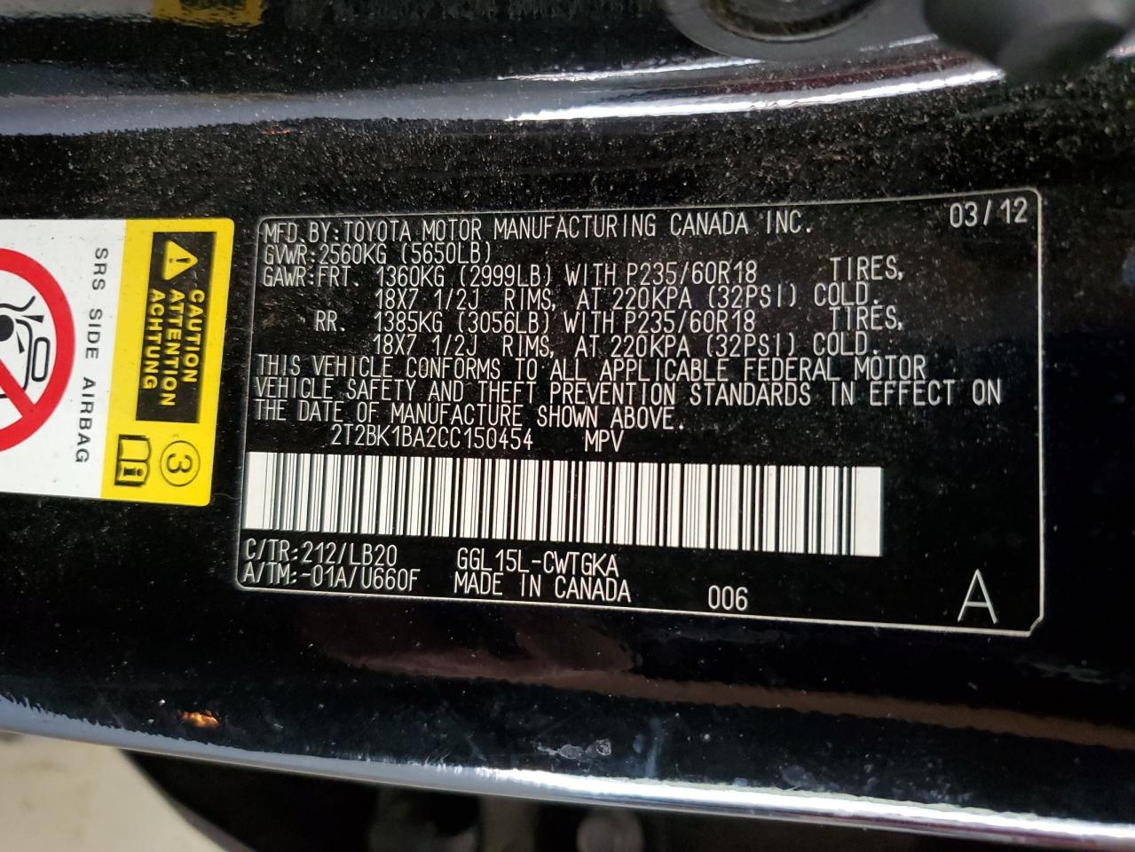 2012 Lexus RX VIN 2T2BK1BA2CC150454 Copart auction photo, front end / undercarriage damage thumbnail 13