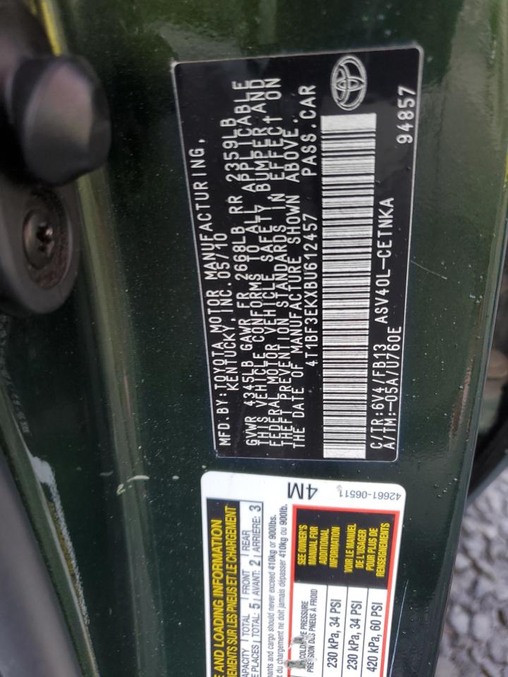 2011 Toyota Camry VIN 4T1BF3EKXBU612457 Copart auction photo, side / front end damage thumbnail 12
