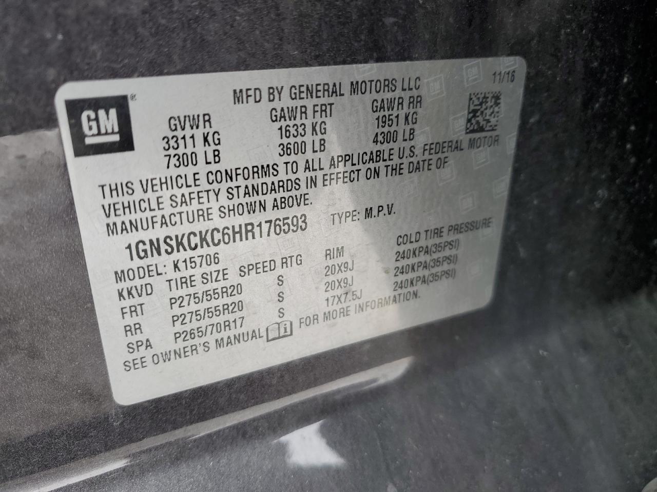 2017 Chevrolet Tahoe VIN 1GNSKCKC6HR176593 Copart auction photo, front end / rear end damage thumbnail 16