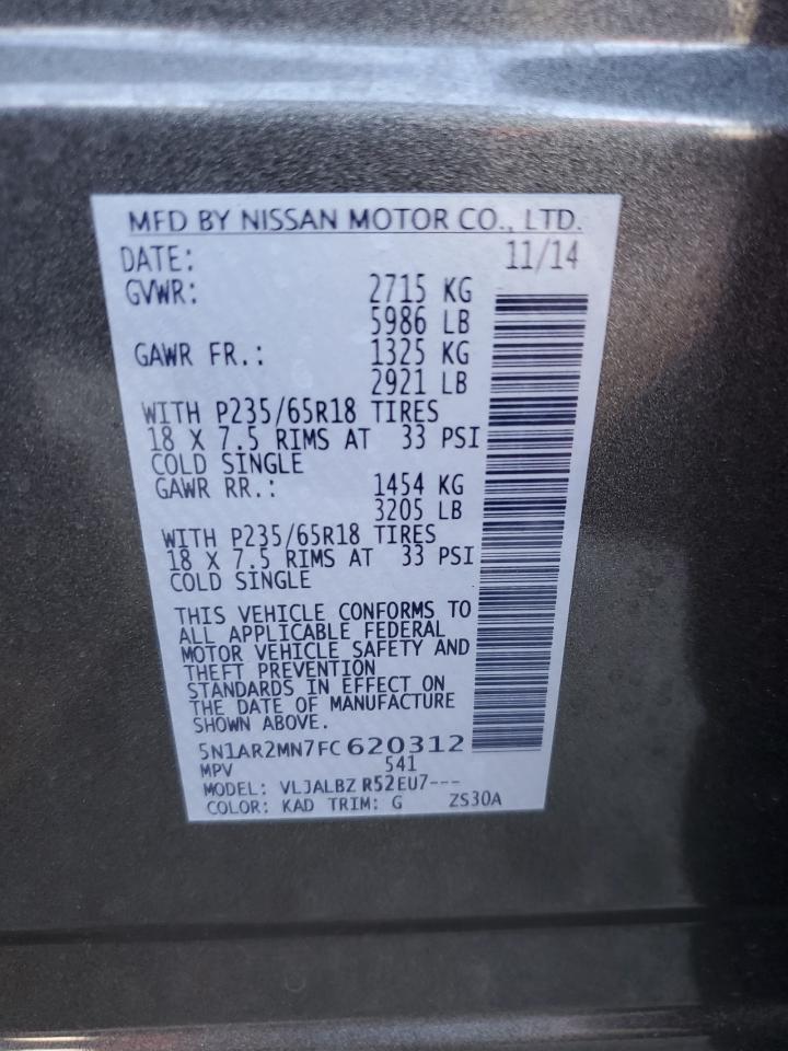 2015 Nissan Pathfinder VIN 5N1AR2MN7FC620312 Copart auction photo, front end damage thumbnail 15