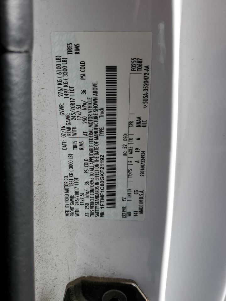 2016 Ford F-150 VIN 1FTMF1C80GKF21192 Copart auction photo, all over damage thumbnail 12