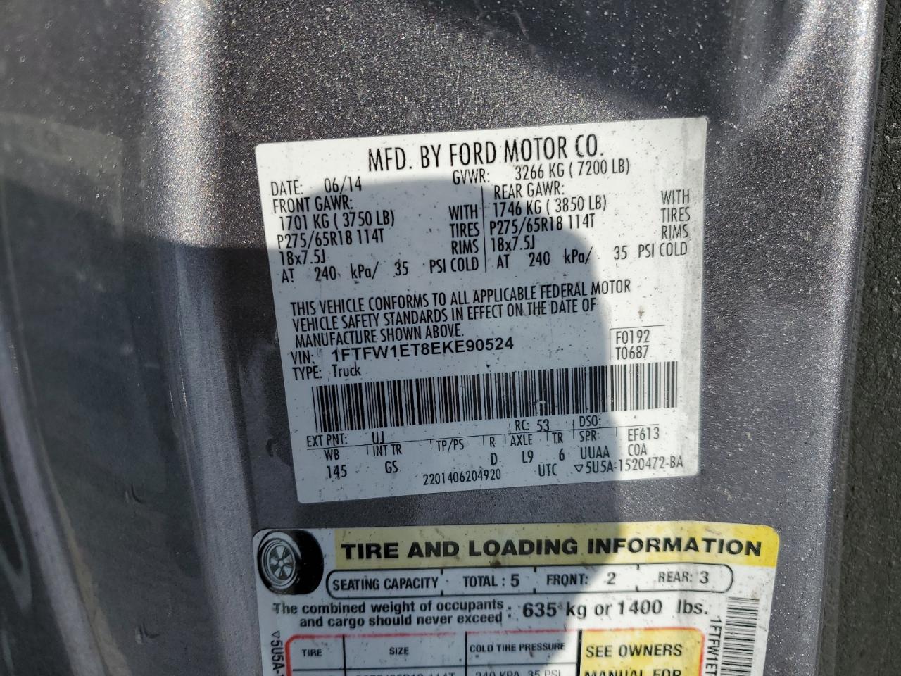 2014 Ford F-150 VIN 1FTFW1ET8EKE90524 Copart auction photo, burn / undercarriage damage thumbnail 12