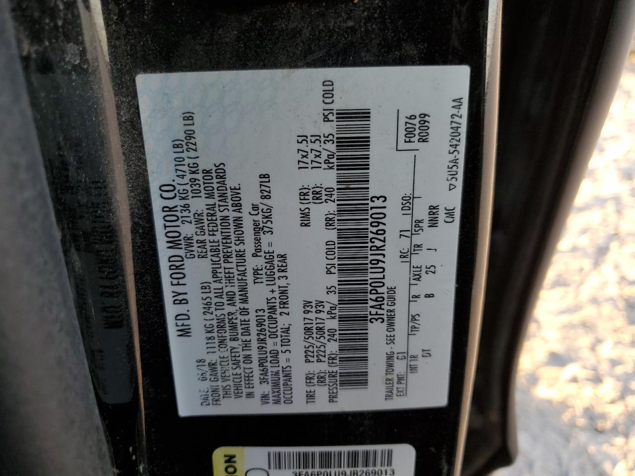 2018 Ford Fusion VIN 3FA6P0LU9JR269013 Copart auction photo, front end / rear end damage thumbnail 13