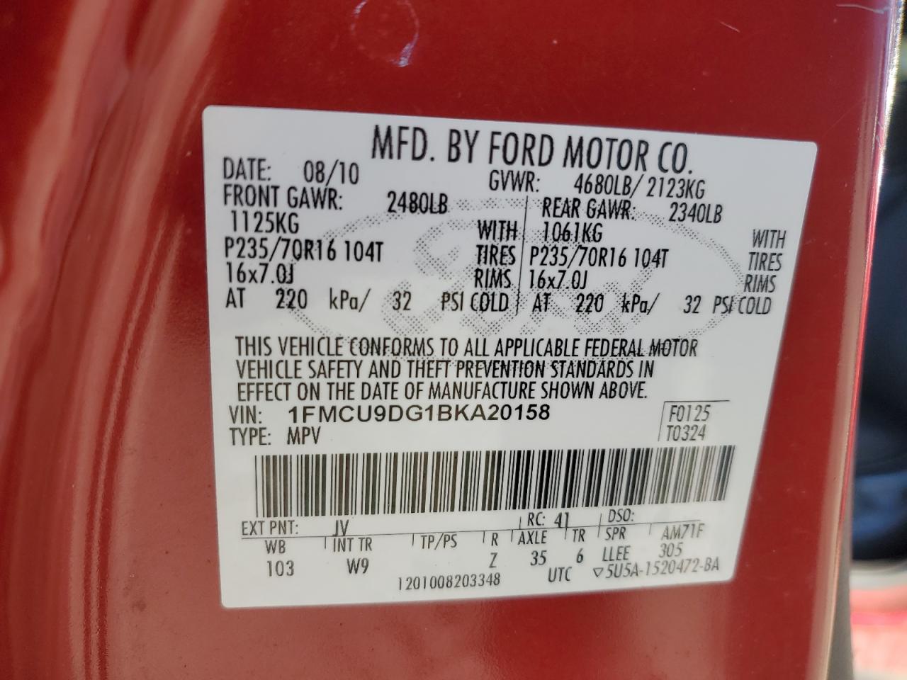 2011 Ford Escape VIN 1FMCU9DG1BKA20158 Copart auction photo, undercarriage damage thumbnail 13