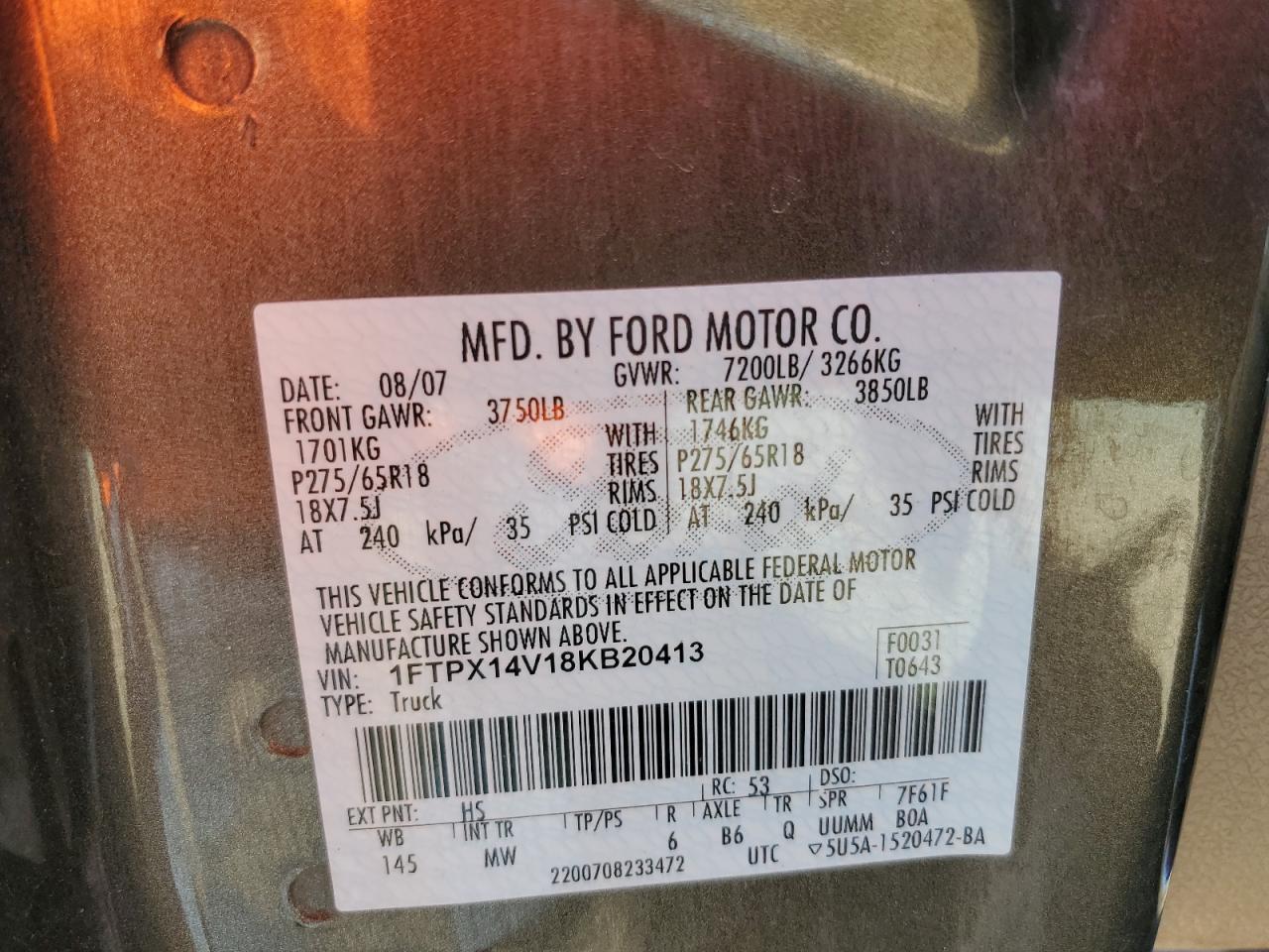 2008 Ford F-150 VIN 1FTPX14V18KB20413 Copart auction photo, all over / rollover damage thumbnail 13