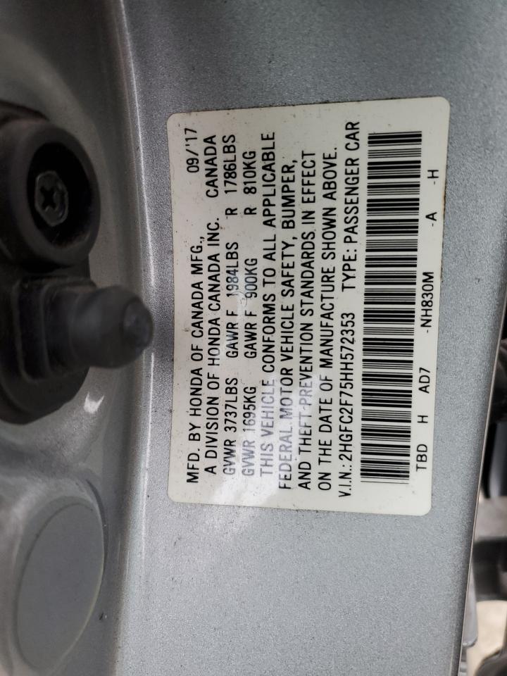 2017 Honda Civic VIN 2HGFC2F75HH572353 Copart auction photo, front end / minor dent/scratches damage thumbnail 14