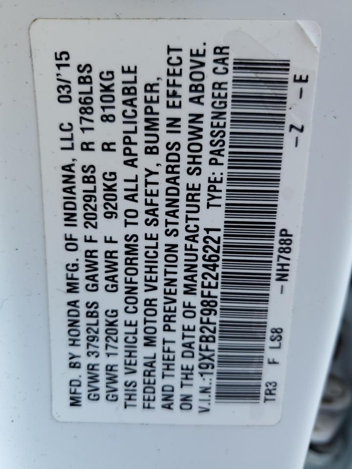 2015 Honda Civic VIN 19XFB2F98FE246221 Copart auction photo, front end damage thumbnail 12