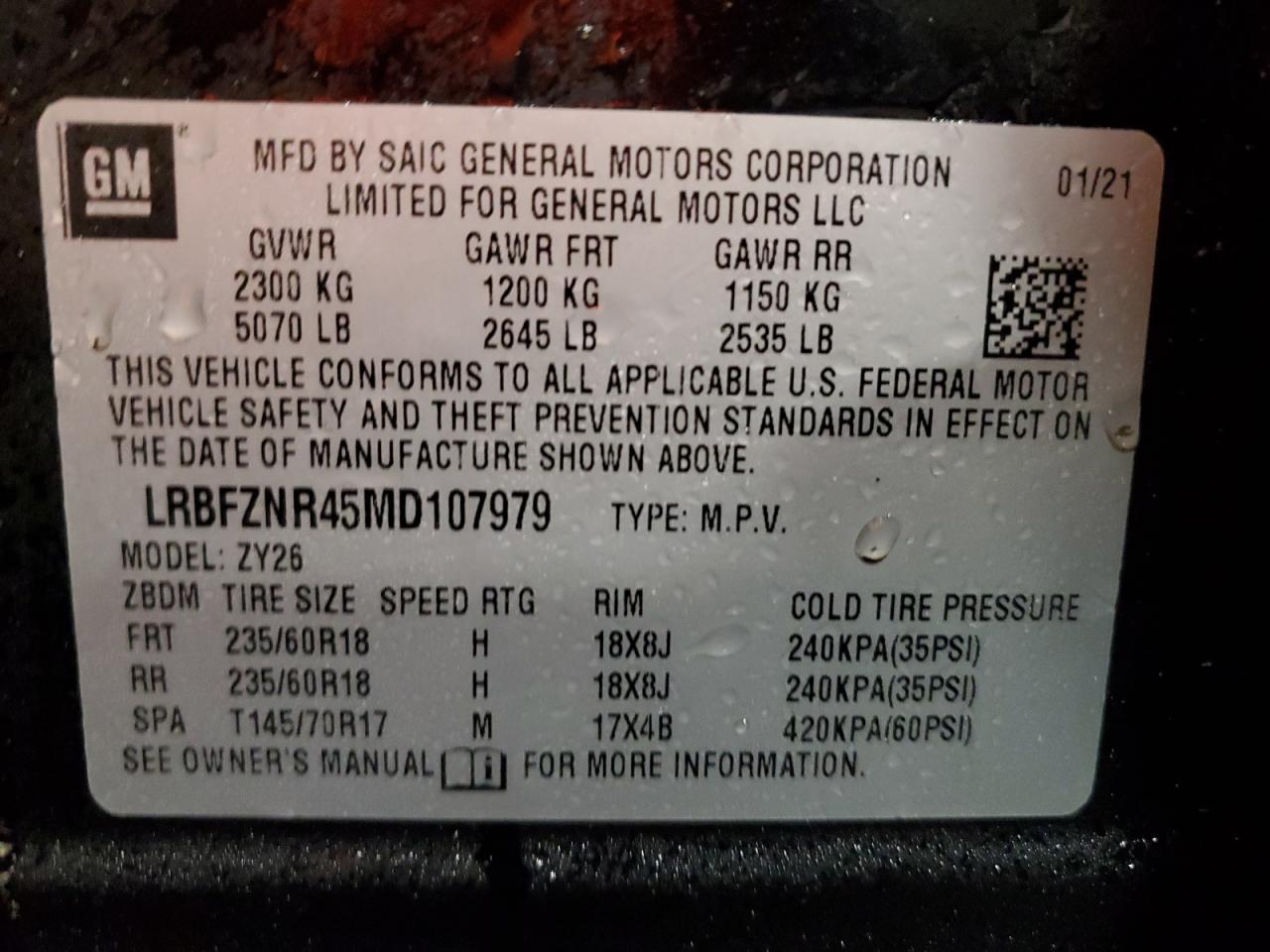 2021 Buick Envision VIN LRBFZNR45MD107979 Copart auction photo, front end / side damage thumbnail 14