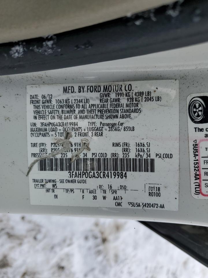 2012 Ford Fusion VIN 3FAHP0GA3CR419984 Copart auction photo, rear end / minor dent/scratches damage thumbnail 12