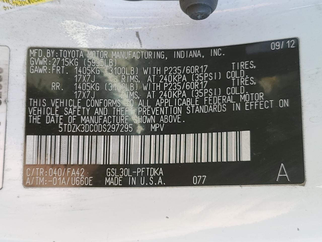 2013 Toyota Sienna VIN 5TDZK3DC0DS297295 Copart auction photo, front end / rear end damage thumbnail 16
