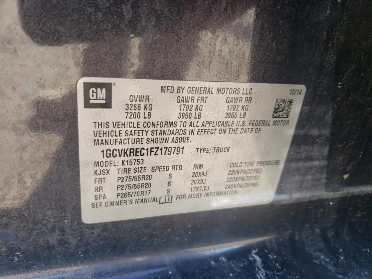 2015 Chevrolet Silverado VIN 1GCVKREC1FZ179791 Copart auction photo, top/roof / minor dent/scratches damage thumbnail 14