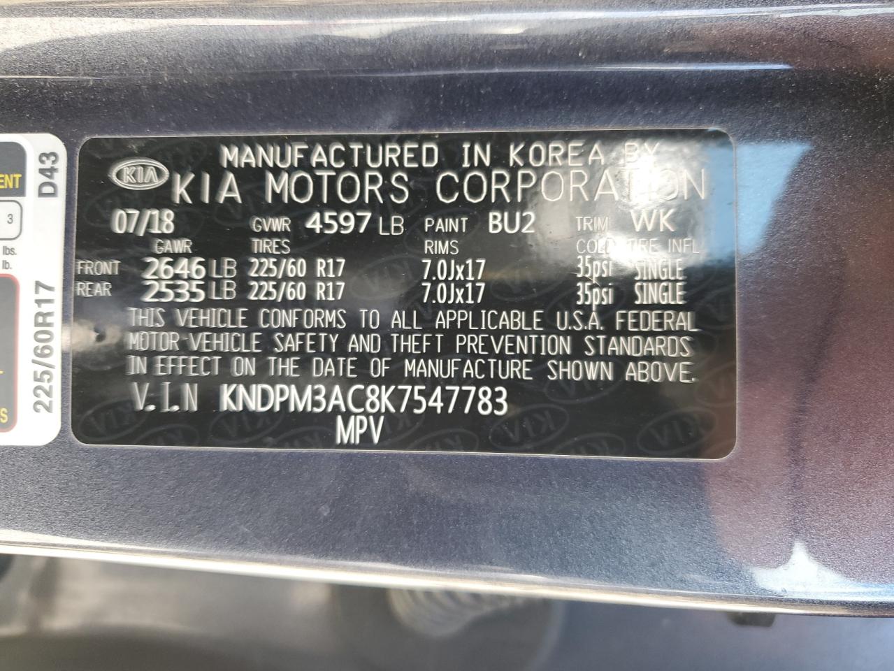 2019 KIA Sportage VIN KNDPM3AC8K7547783 Copart auction photo, front end / minor dent/scratches damage thumbnail 13