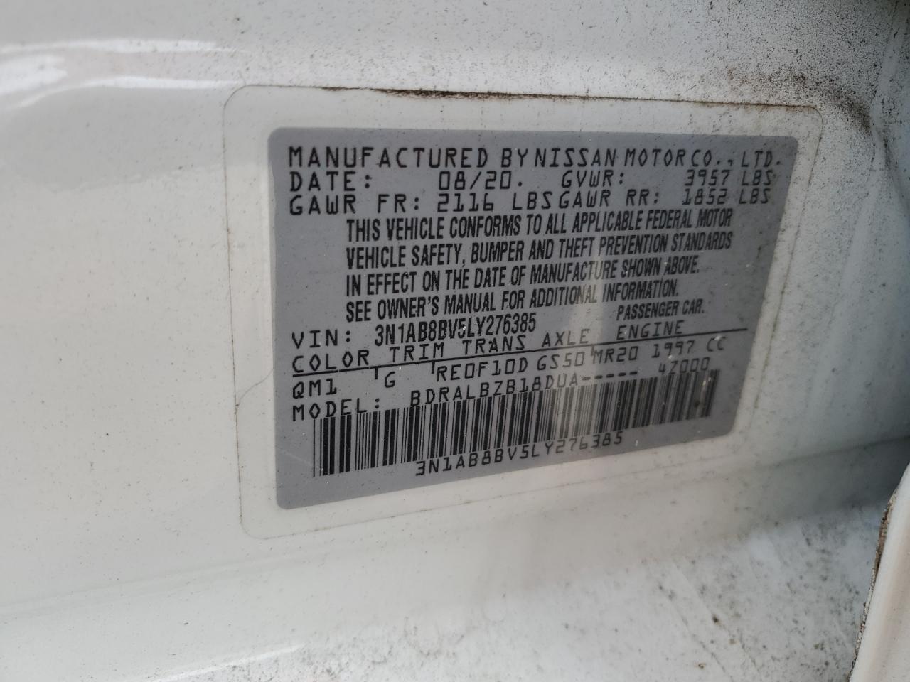 2020 Nissan Sentra VIN 3N1AB8BV5LY276385 Copart auction photo, front end / side damage thumbnail 14