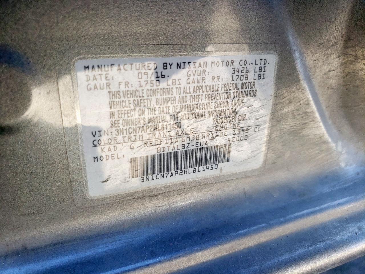 2017 Nissan Versa VIN 3N1CN7AP2HL811450 Copart auction photo, front end damage thumbnail 14