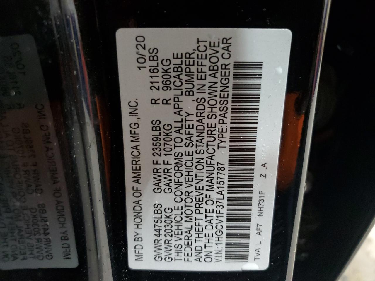 2020 Honda Accord VIN 1HGCV1F37LA157787 Copart auction photo, rear end damage thumbnail 12