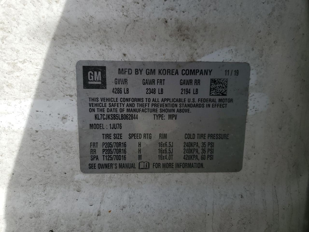2020 Chevrolet Trax VIN KL7CJKSB5LB062844 Copart auction photo, front end damage thumbnail 14