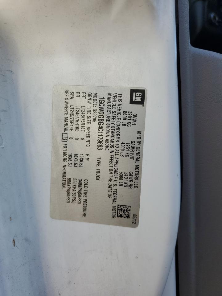 2012 Chevrolet Express VIN 1GCWGGBG4C1179683 Copart auction photo, mechanical damage thumbnail 13