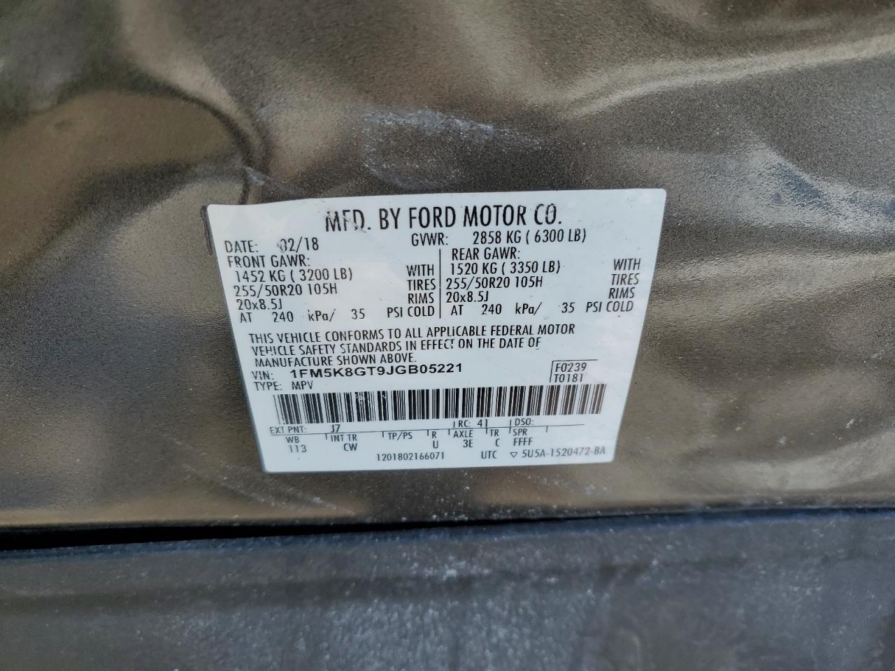 2018 Ford Explorer VIN 1FM5K8GT9JGB05221 Copart auction photo, front end / side damage thumbnail 13