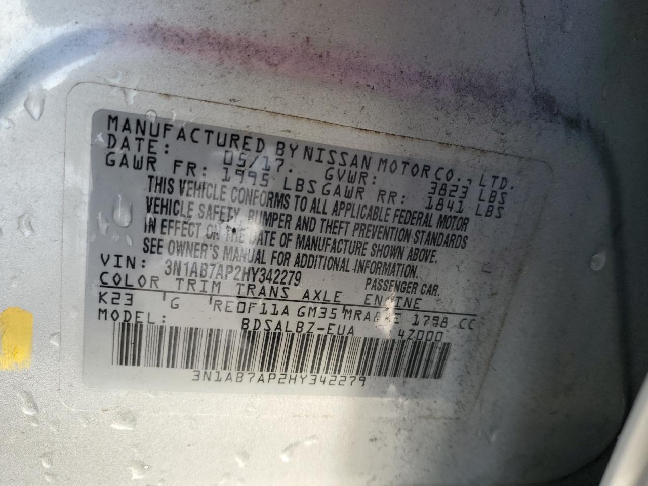 2017 Nissan Sentra VIN 3N1AB7AP2HY342279 Copart auction photo, front end / minor dent/scratches damage thumbnail 12
