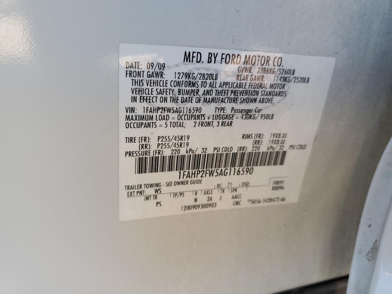 2010 Ford Taurus VIN 1FAHP2FW5AG116590 Copart auction photo, front end damage thumbnail 13