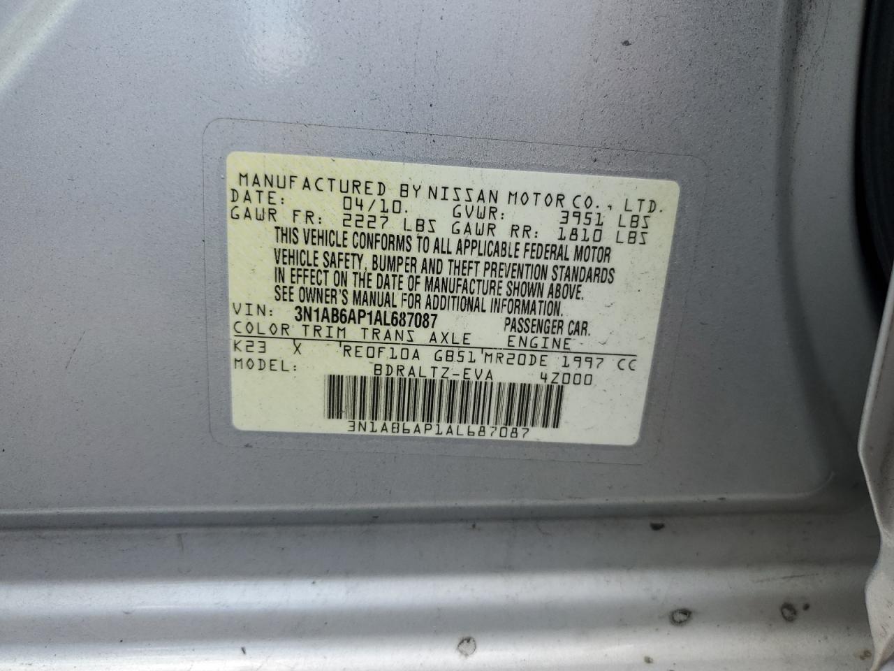 2010 Nissan Sentra VIN 3N1AB6AP1AL687087 Copart auction photo, rear end / front end damage thumbnail 12