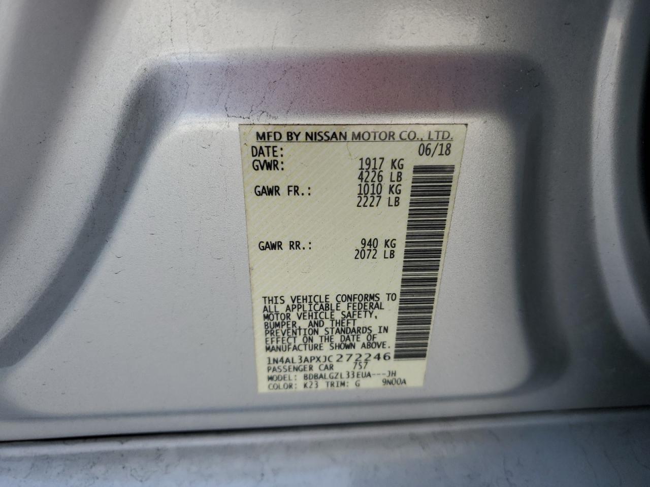 2018 Nissan Altima VIN 1N4AL3APXJC272246 Copart auction photo, front end damage thumbnail 12