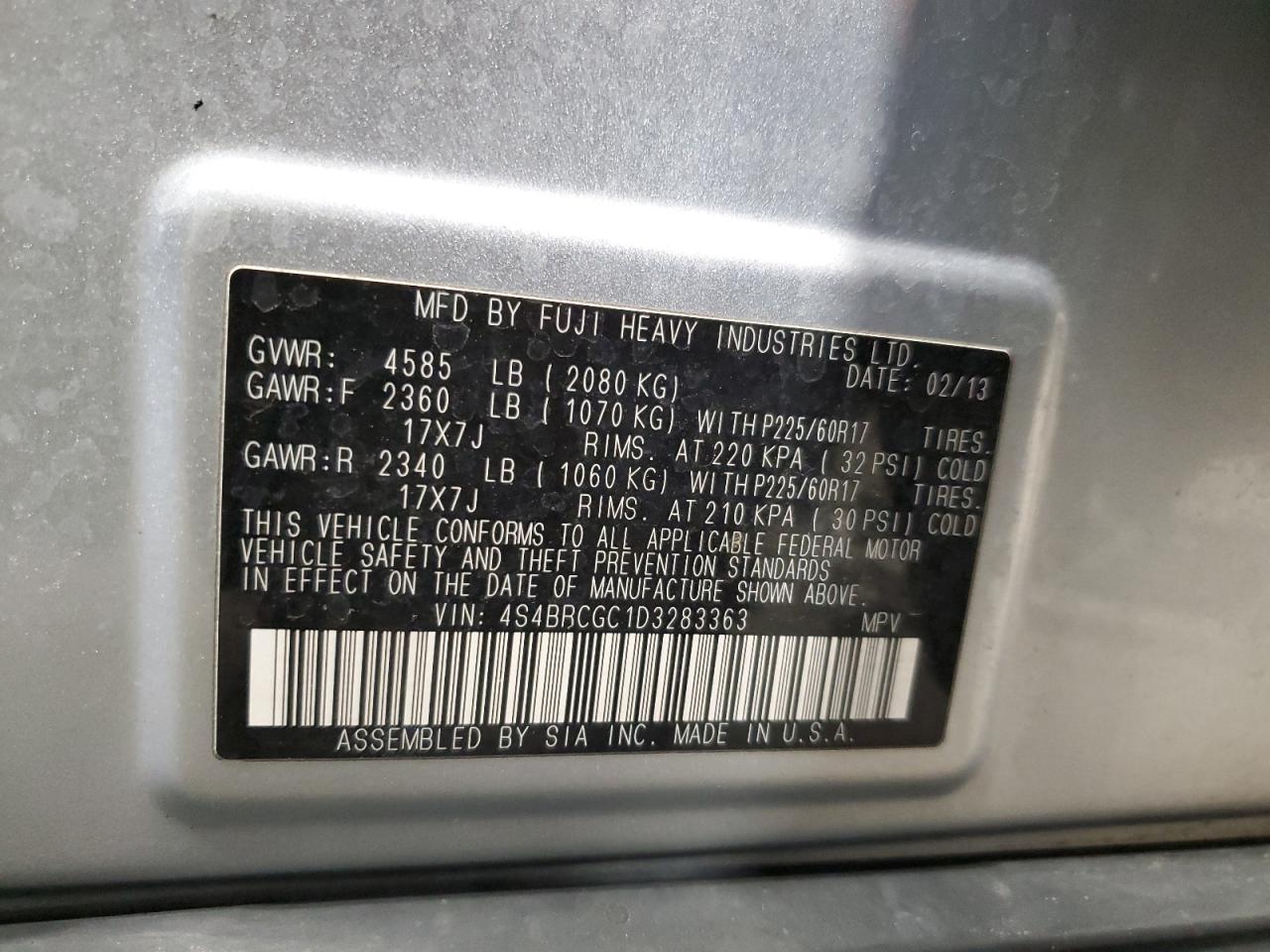 2013 Subaru Outback VIN 4S4BRCGC1D3283363 Copart auction photo, front end / all over damage thumbnail 14