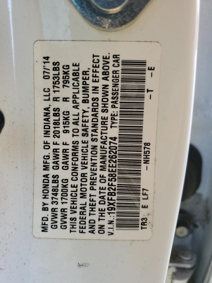 2014 Honda Civic VIN 19XFB2F58EE262074 Copart auction photo, all over / undercarriage damage thumbnail 14