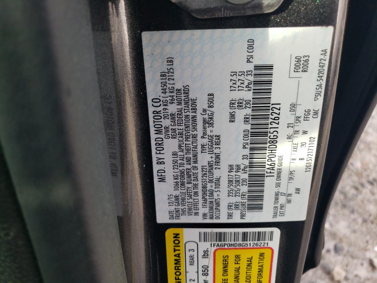 2016 Ford Fusion VIN 1FA6P0HD8G5126221 Copart auction photo, mechanical / minor dent/scratches damage thumbnail 12