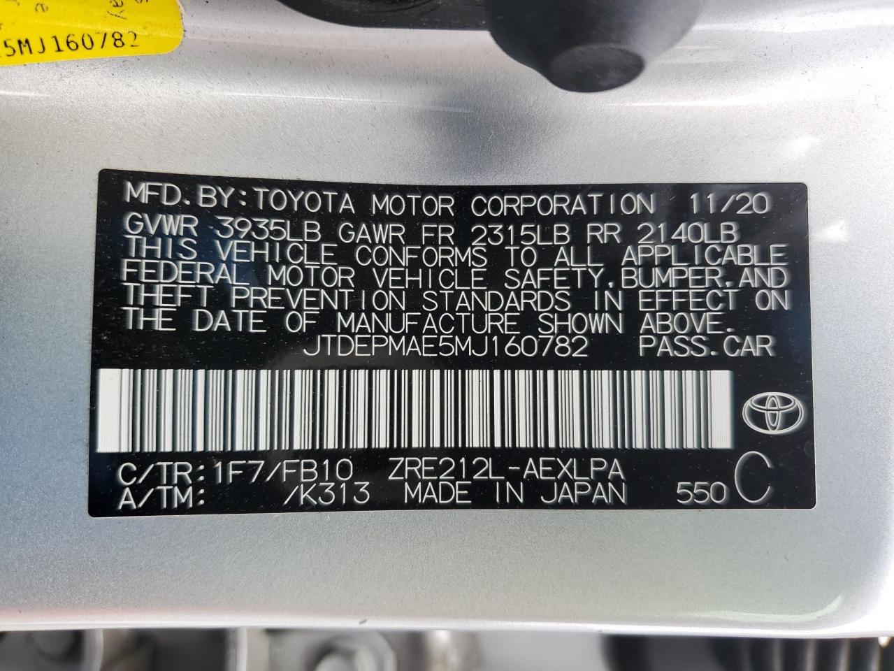 2021 Toyota Corolla VIN JTDEPMAE5MJ160782 Copart auction photo, rear end / front end damage thumbnail 13