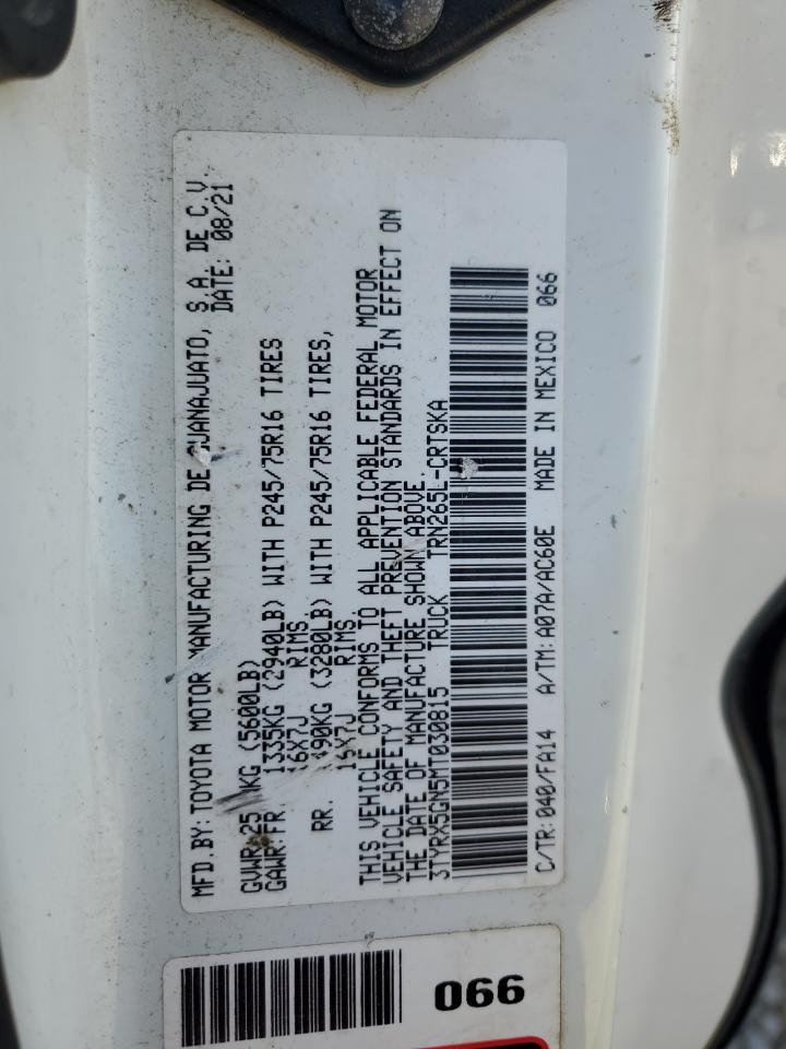 2021 Toyota Tacoma VIN 3TYRX5GN5MT030815 Copart auction photo, front end / side damage thumbnail 12