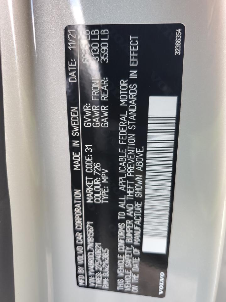 2022 Volvo XC90 VIN YV4BR0CL7N1815671 Copart auction photo, water/flood damage thumbnail 14