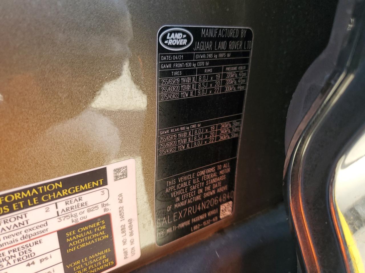 2022 Land Rover Defender VIN SALEX7RU4N2064840 Copart auction photo, front end / hail damage thumbnail 13
