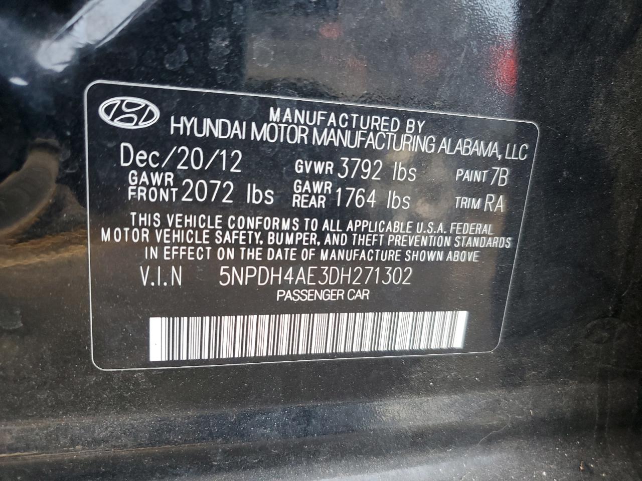2013 Hyundai Elantra VIN 5NPDH4AE3DH271302 Copart auction photo, all over damage thumbnail 12