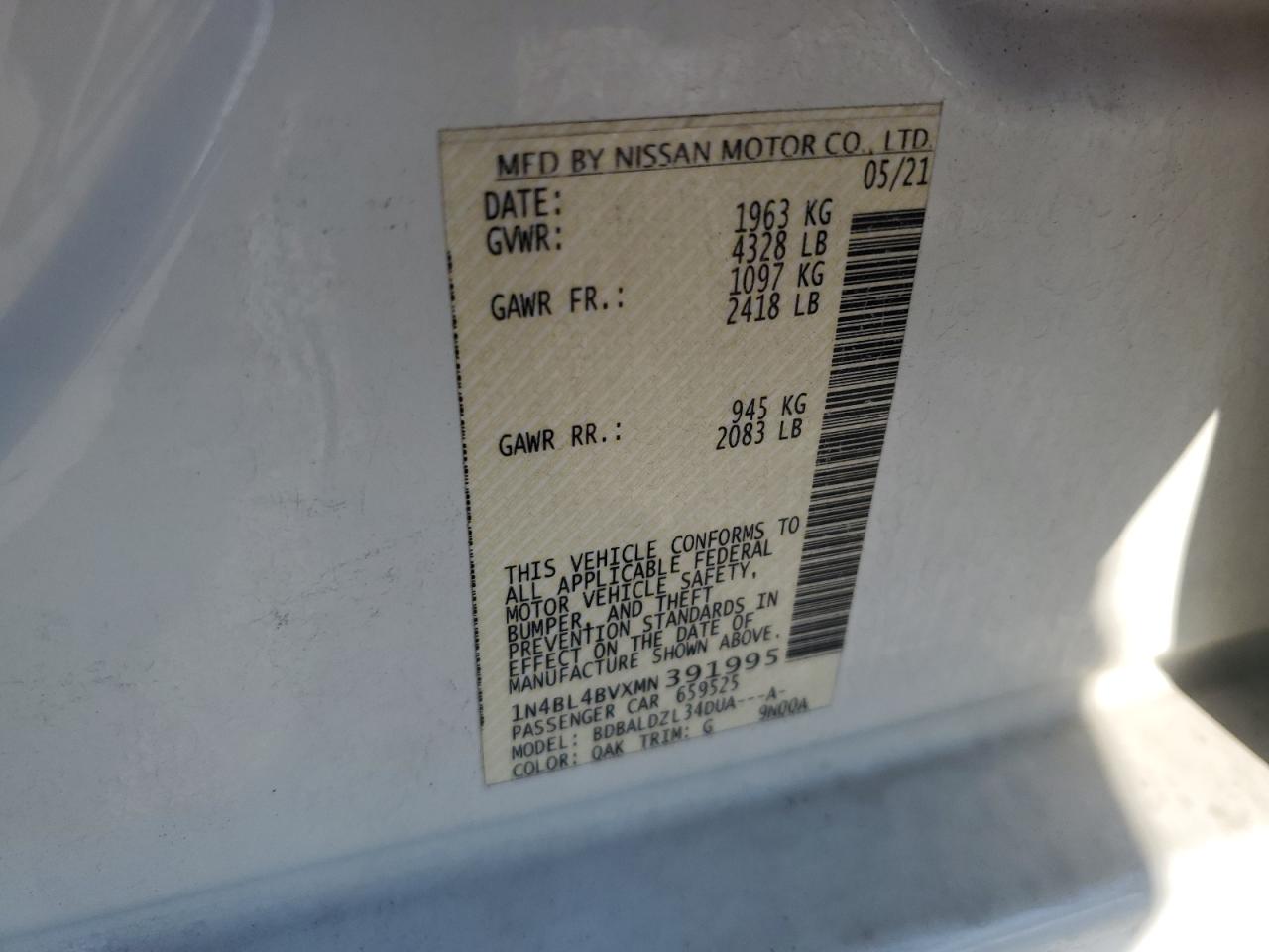 2021 Nissan Altima VIN 1N4BL4BVXMN391995 Copart auction photo, side damage thumbnail 12