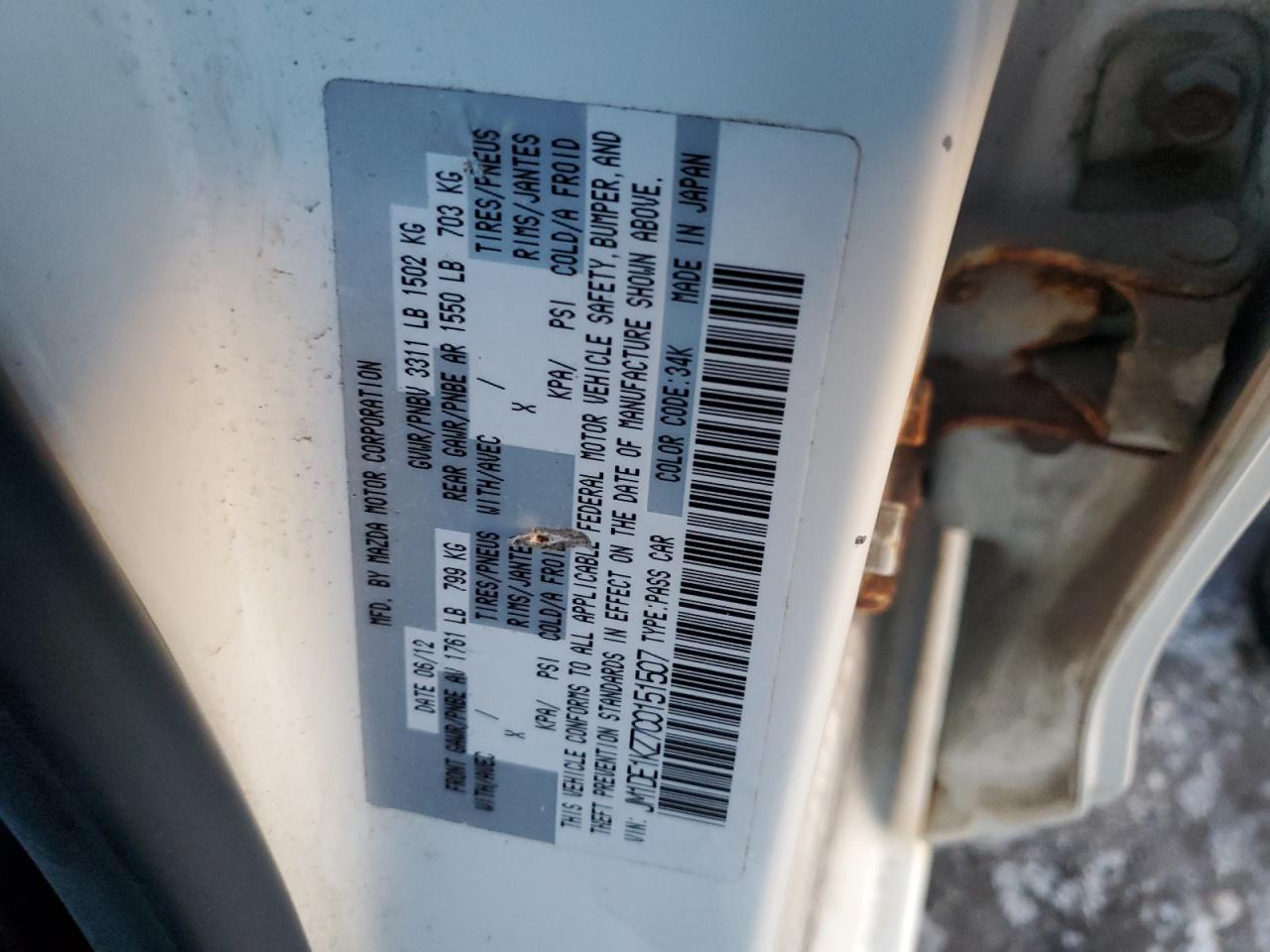 2012 Mazda 2 VIN JM1DE1KZ7C0151507 Copart auction photo, rollover / front end damage thumbnail 14