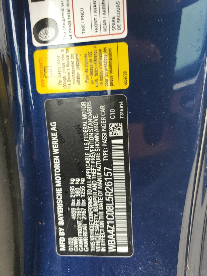 2020 BMW 4er VIN WBA4Z1C08L5R26157 Copart auction photo, water/flood damage thumbnail 13