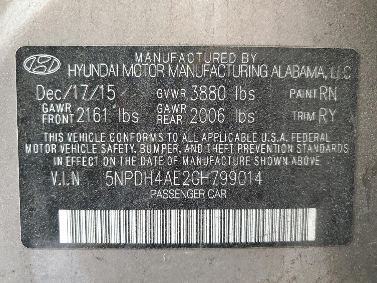 2016 Hyundai Elantra VIN 5NPDH4AE2GH799014 Copart auction photo, all over damage thumbnail 12