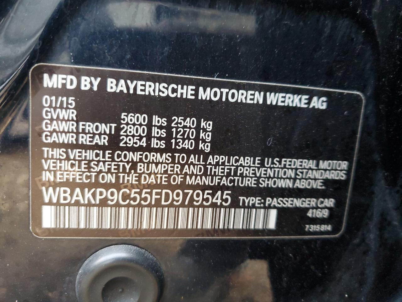 2015 BMW 5er VIN WBAKP9C55FD979545 Copart auction photo, front end / side damage thumbnail 12