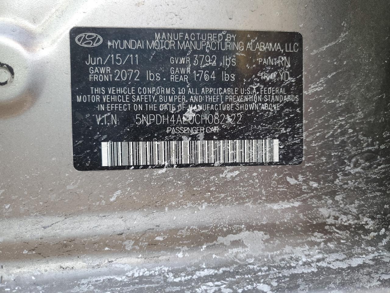 2012 Hyundai Elantra VIN 5NPDH4AE0CH082122 Copart auction photo, front end / minor dent/scratches damage thumbnail 13